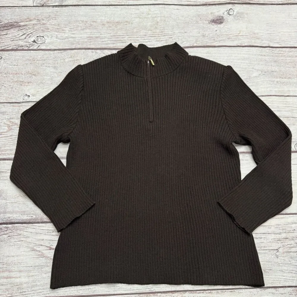 St John Sport by Marie Gray Ribbed Mock Neck Sweater Brown 1/4 Zip Size Large